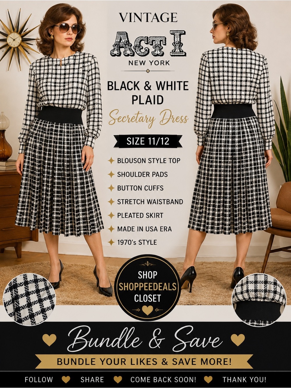 Vintage Act I New York Black White Plaid Pleated Secretary Dress 11/12